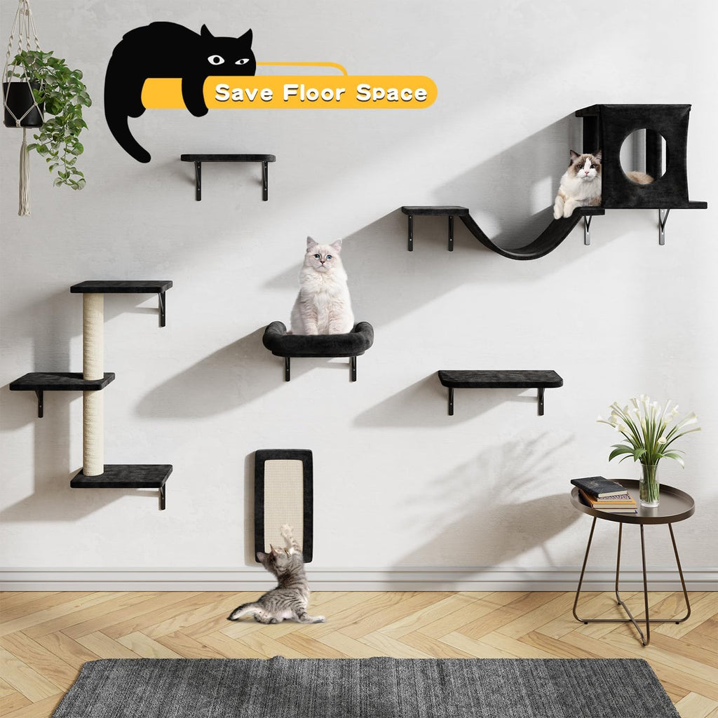12-in-1 Cat Wall Shelves, Wall Mounted Cat Climber with Condo House, Scratching Post, Bridge Ladder, Space-Saving Indoor Play Furniture for Kittens, Black