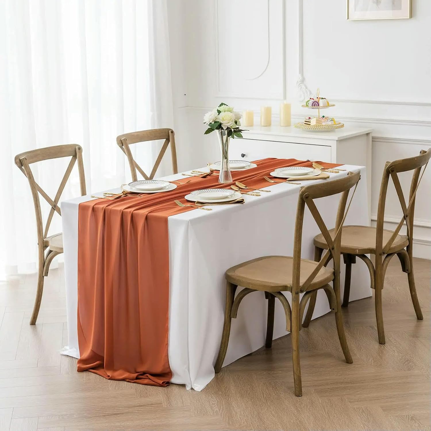 Chiffon Table Runne Wedding Runner Set of 6 Sheer Fabric Silk for Arch Draping Decoration Birthday Party Deco (Dusty Pink Piece 30x300cm)
