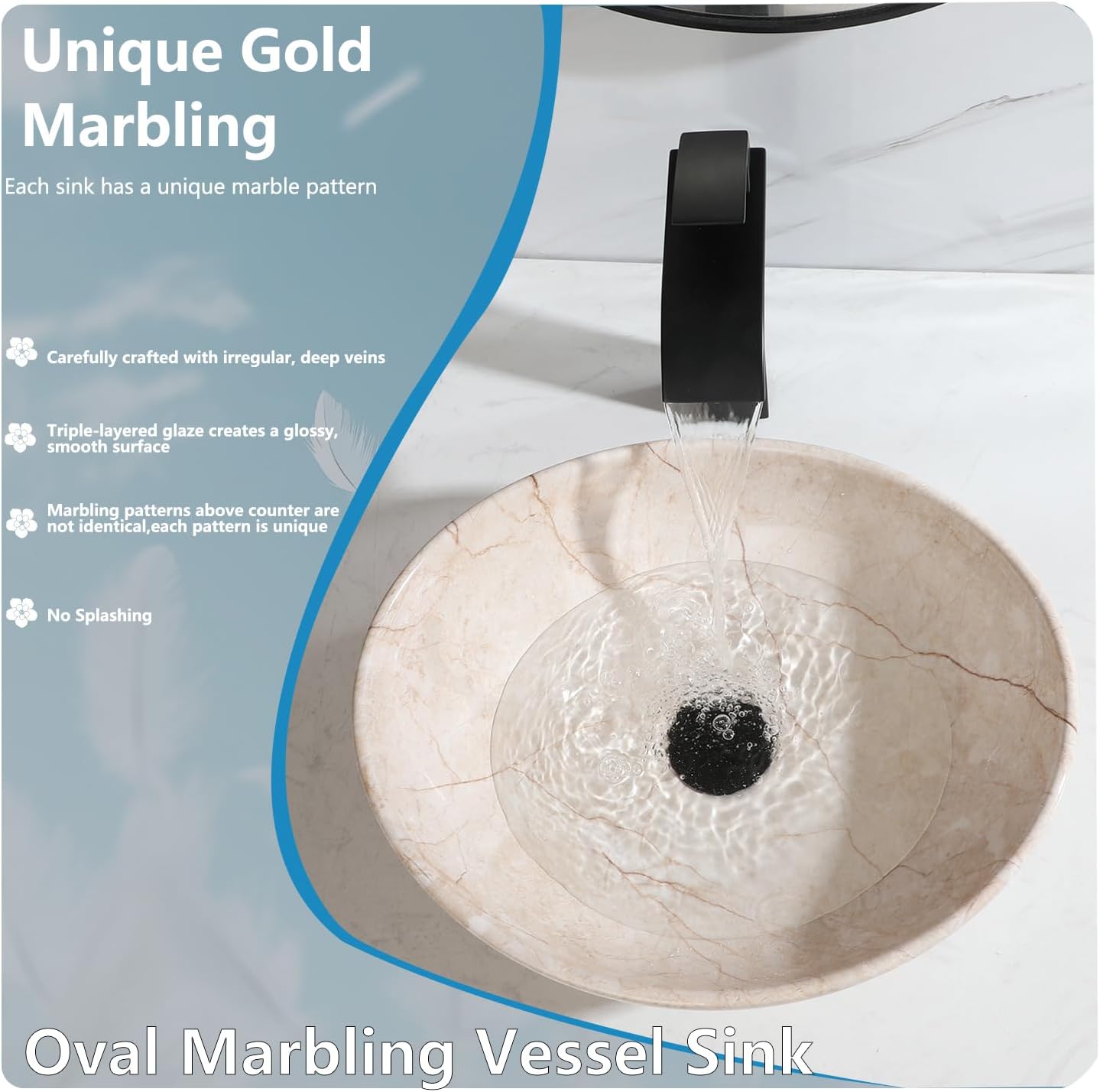 Oval Marbling Vessel Sink with Waterfall Faucet and Pop-up Drain Ceramic Bathroom Sink Above Counter Bowl Sinks for Bathrooms