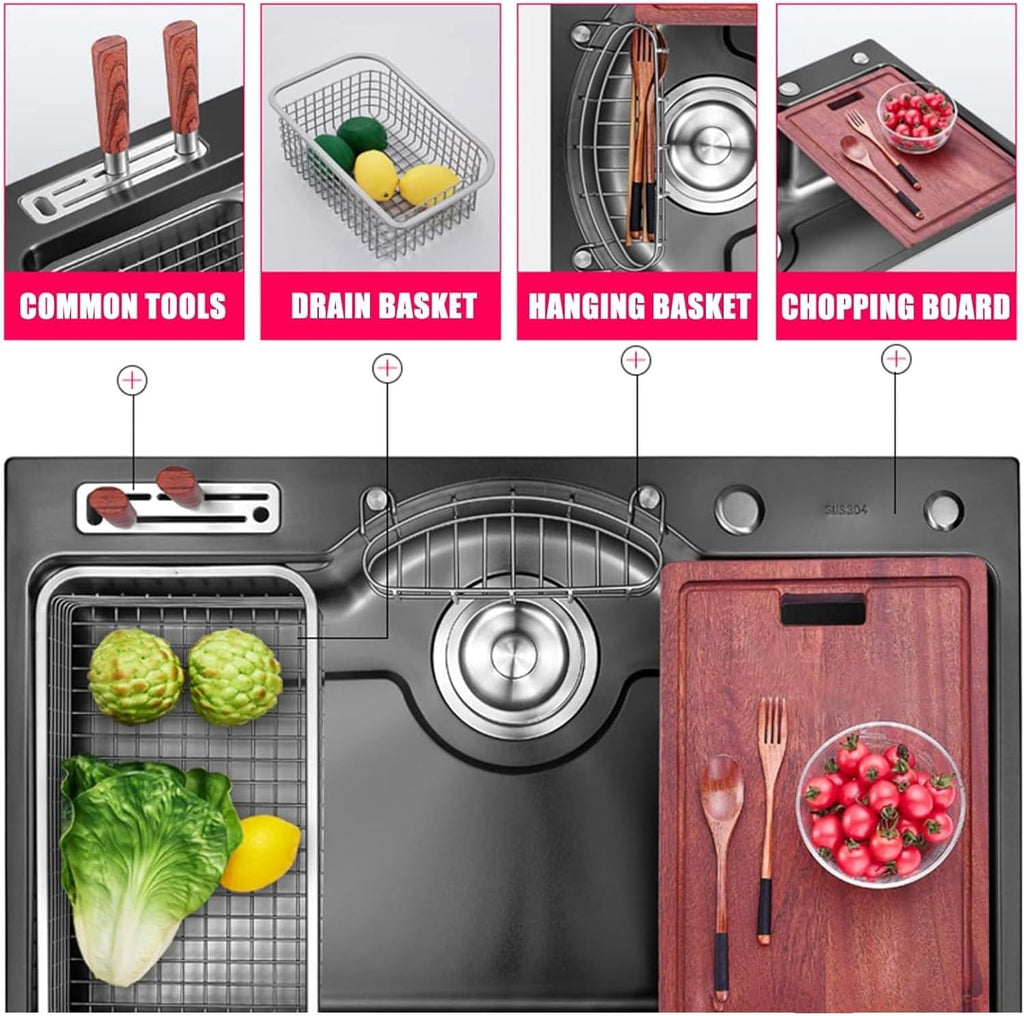 30.7x18.8in Single Bowl Bar Sinks 304 Stainless Steel Kitchen Sink with Pull-Out Faucet & Sink Accessories Drop-in Or Undermount (Color : Black, Size : 78x48x21cm) (Black 78x48x21cm)
