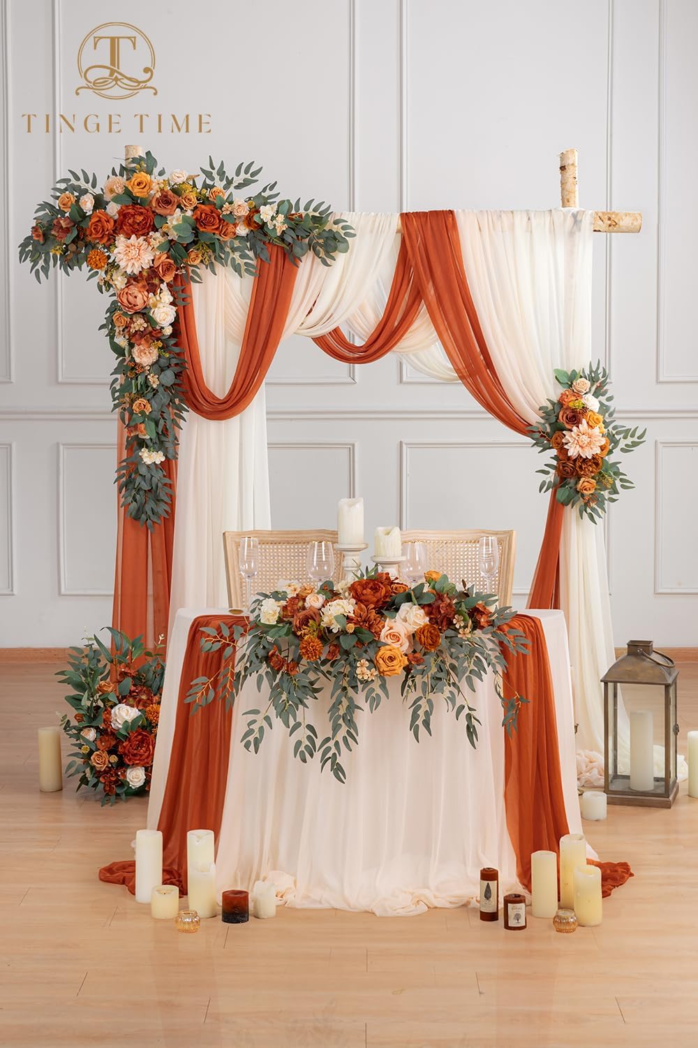 TINGE TIME Artificial Sweetheart Flower Swag with Tablecloth and Table Runner, Pack of 3 Floral Arrangement for Autumn Wedding Sweetheart Table Centerpiece Fall Decoration (Terracotta)
