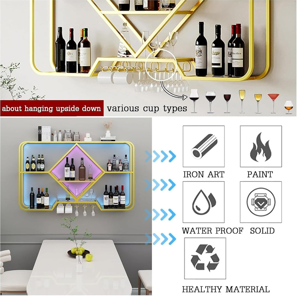 Wall Mount Wine Glass Rack with Floating Shelves for Whiskey Bottles Mini Bar Bottle Display Shelf Organizer Corner Bar Storage Rack (Black 100cm)