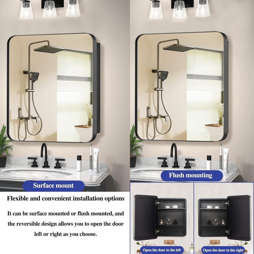 20' x 20' Bathroom Medicine Cabinet, Recessed or Surface Mount Square Mirror Cabinet with Stainless Steel Frame,Adjustable Metal Shelves, Wall Mounted Vanity Mirror with Bathroom Storage