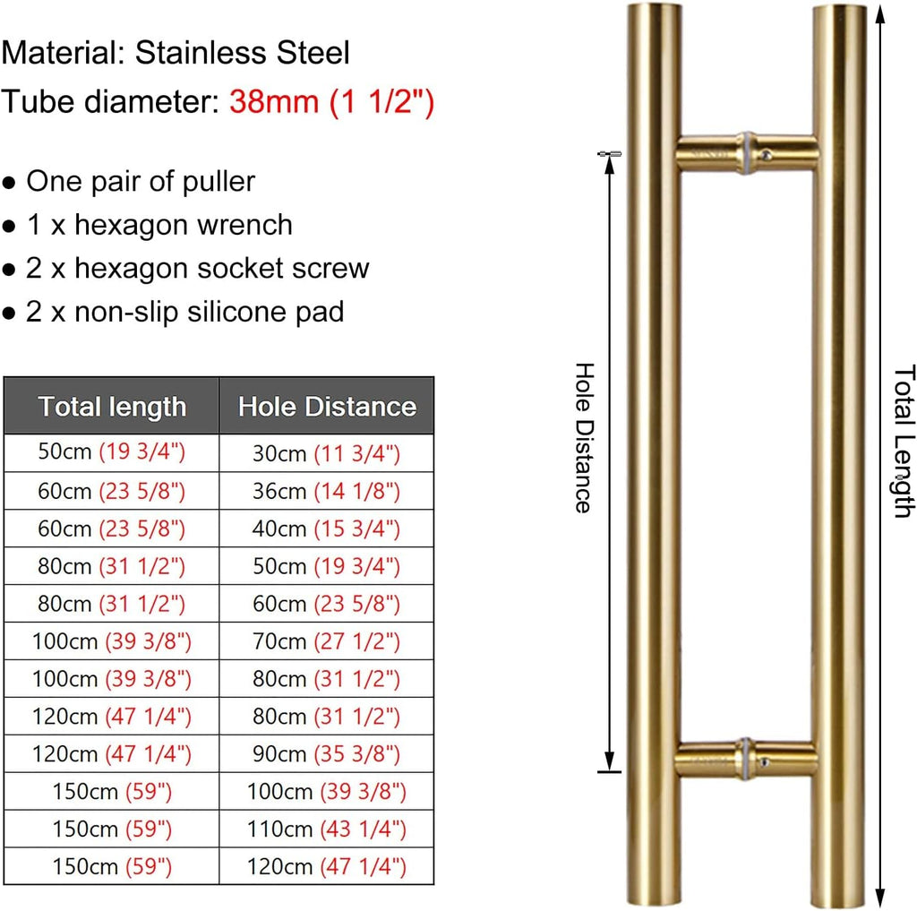 Contemporary Gold Double Side Push Bar Door Handles 120cm Round Gate Pulls for Interior Exterior Entry Door Brushed Glass Pull Handles with Mounting Screws