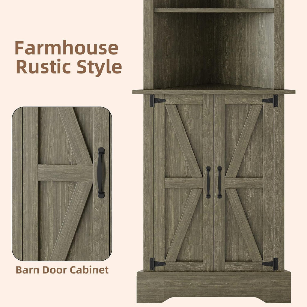 4 EVER WINNER Farmhouse Corner Cabinet, 68' Tall Corner Cabinet with 5-Tier Adjustable Shelves and Barn Doors for Small Spaces, Living Room, Dining Room, Hallway, Bathroom, Kitchen, Grey