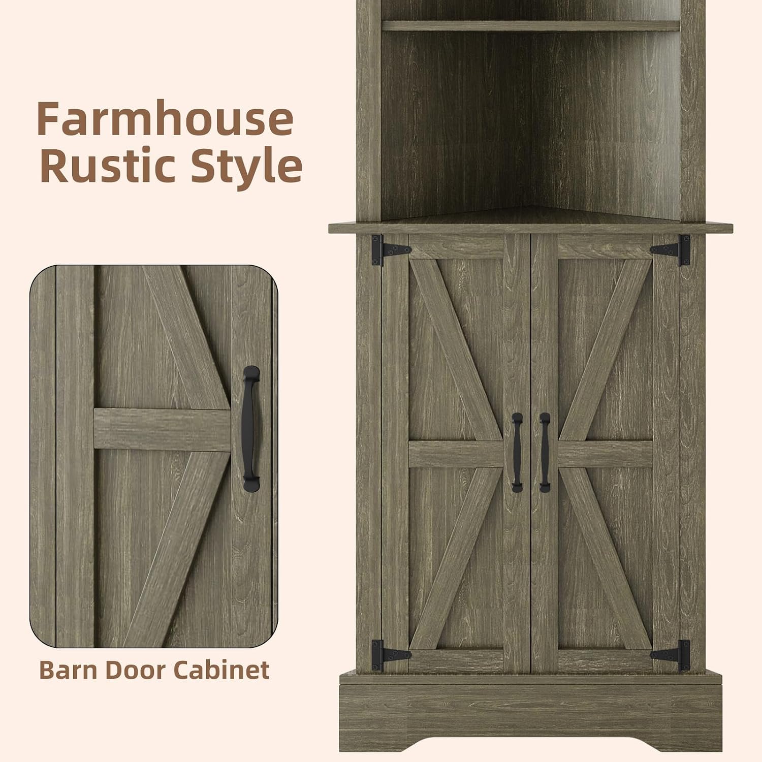 4 EVER WINNER Farmhouse Corner Cabinet, 68' Tall Corner Cabinet with 5-Tier Adjustable Shelves and Barn Doors for Small Spaces, Living Room, Dining Room, Hallway, Bathroom, Kitchen, Grey