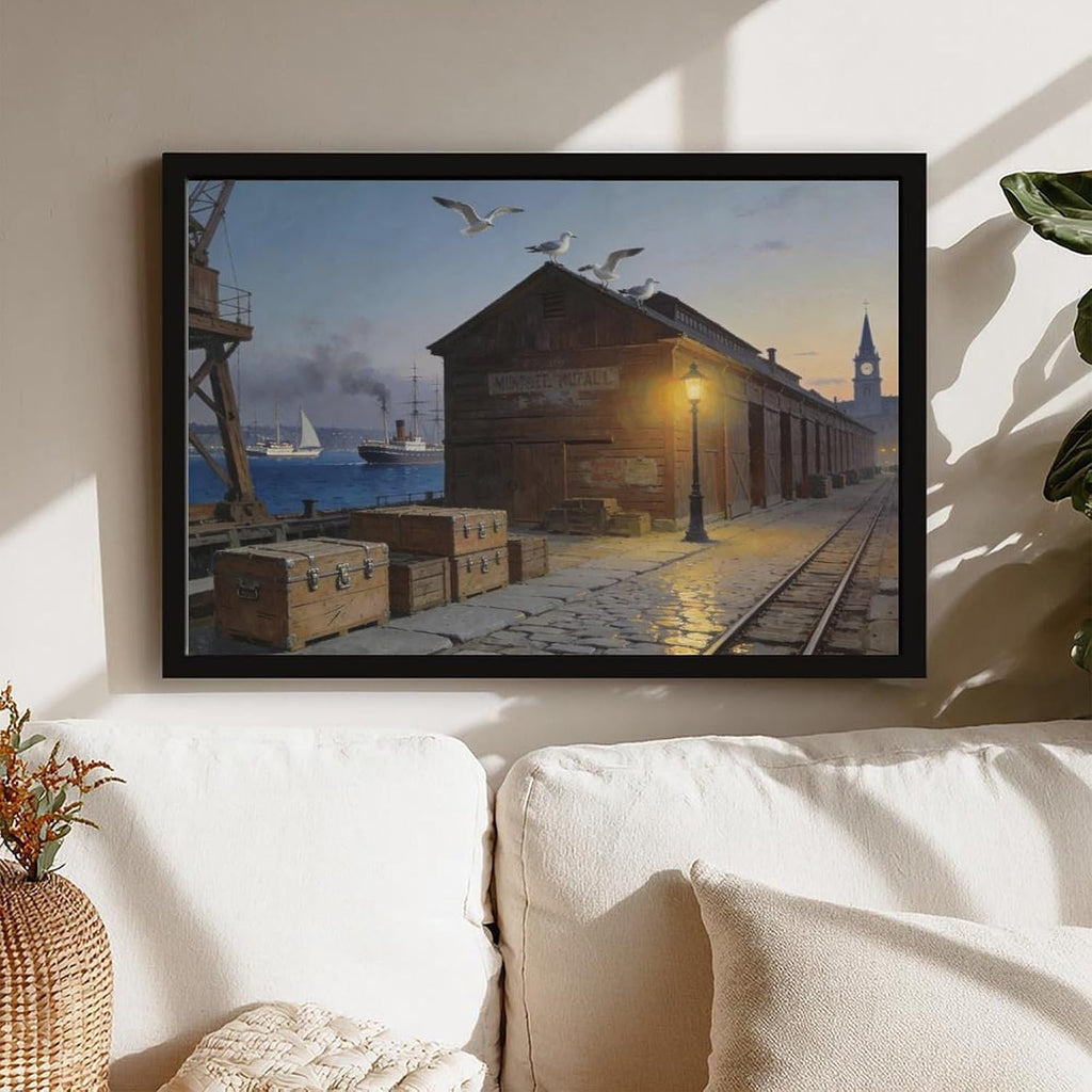 Coastal Harbor Pier Wall Art Canvas Print, Sunset Dock Seagulls Vintage Maritime Painting, Nautical Wall Decor for Living Room Office Bedroom 24x36in