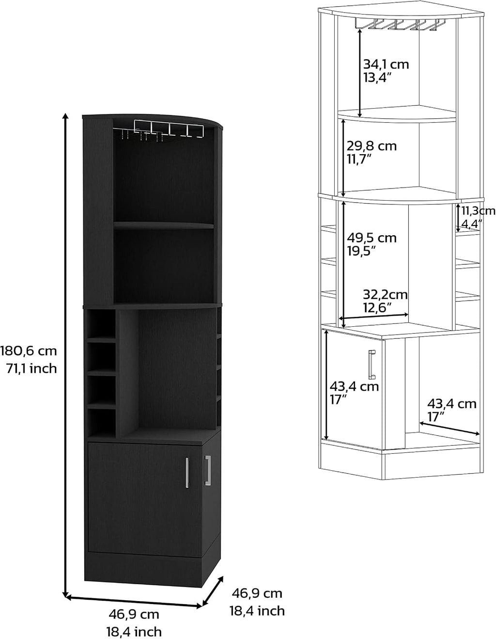 Cairo Corner Bar Cabinet with Glass Rack, Multiple Shelves, and 8 Wine Cubbies, Black – Home Bar Wine & Liquor Storage Cabinet for Home Bar, Living Room & Dining Room
