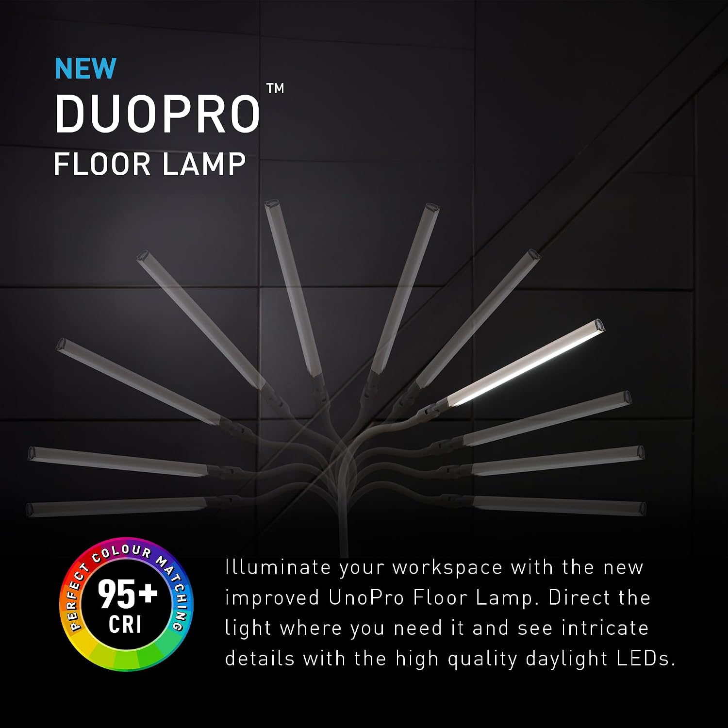 DuoLamp Floor LED Lamp - 6,000K Daylight, 2,090 Lux at 30cm, 4 Brightness Levels, Adjustable Arm, Slim Design, Perfect for Eyelash, Eyebrow, Tattooing, Salon Services - White