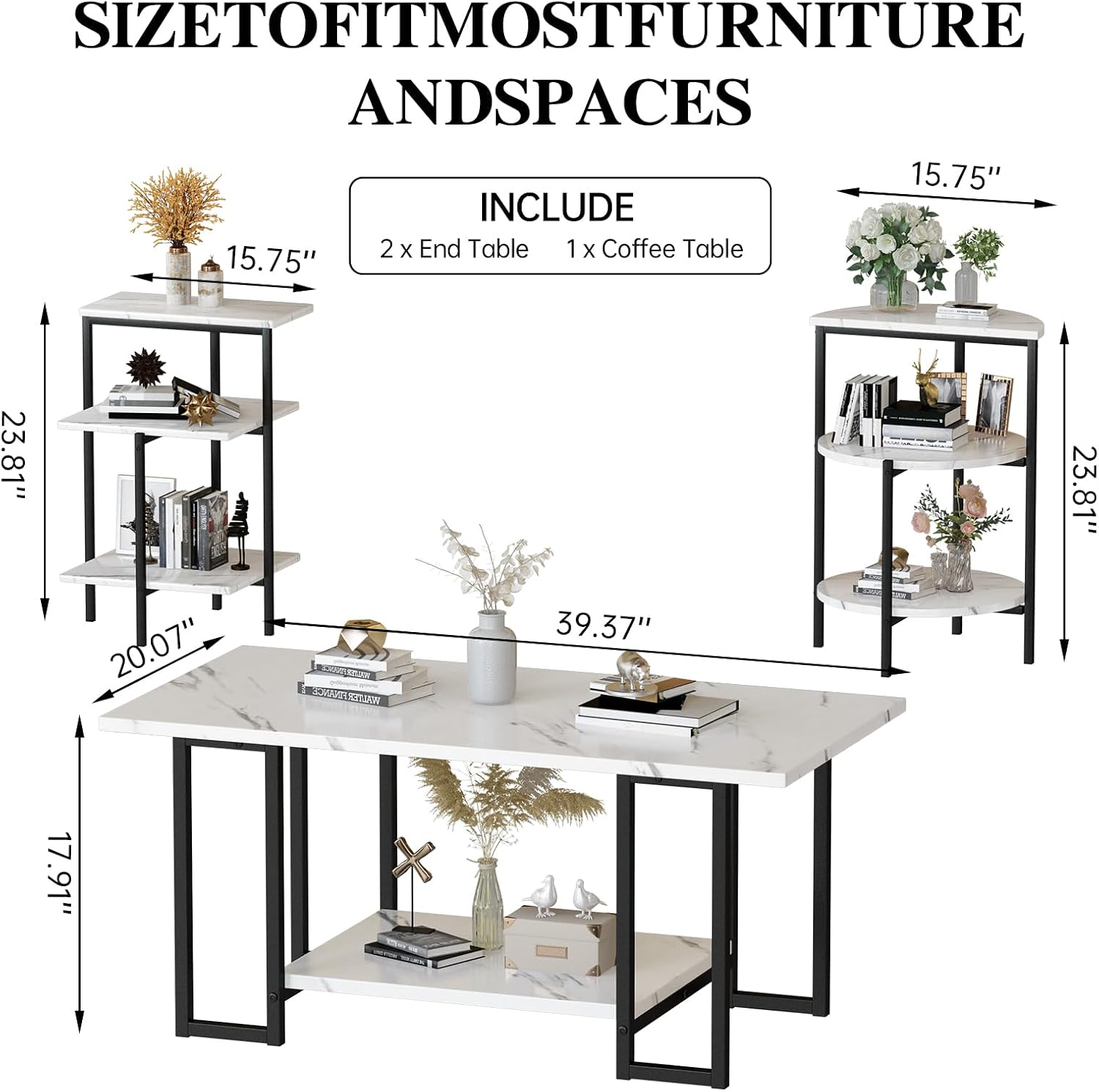 Lamerge Coffee Table Set of 3,Rectangle Coffee Table&2 Accent Table,Faux Marble Tabletop,3 Piece Living Room Table Sets with Multi Tier Storage, for Small Space, Apartment,White & Black