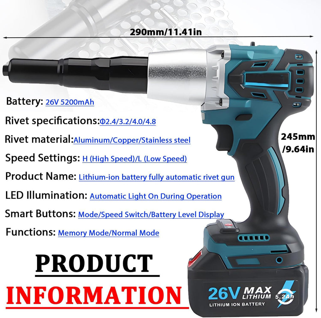 26V Brushless Cordless Rivet Gun, 11000N Pulling Force Electric Blind Riveter Tool Kit - Fits 3.2/4.0/5.0mm Rivets, LED Light, Portable Battery Powered Pop Rivet Gun Baremachine