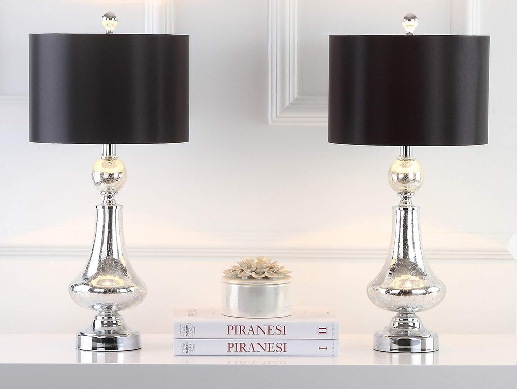 SAFAVIEH Lighting Collection Mercury Crackle Glass/ Black Shade 26-inch Bedroom Living Room Home Office Desk Nightstand Table Lamp Set of 2 (LED Bulbs Included)