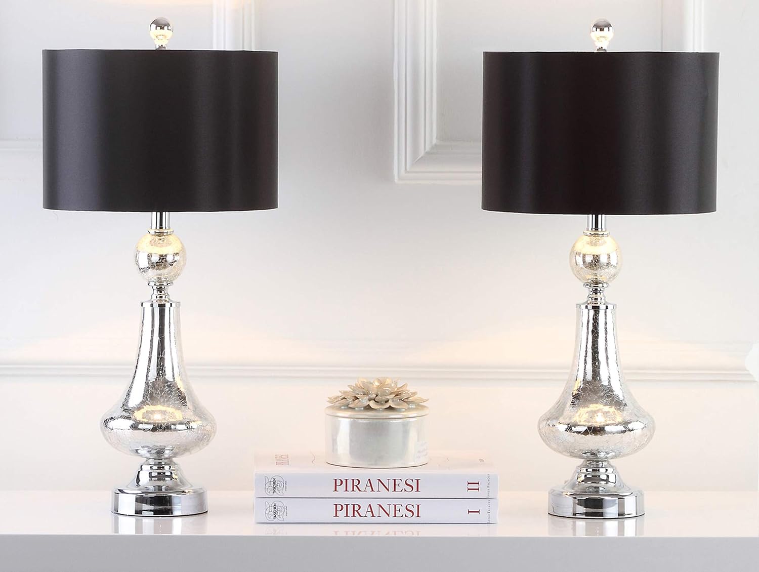 SAFAVIEH Lighting Collection Mercury Crackle Glass/ Black Shade 26-inch Bedroom Living Room Home Office Desk Nightstand Table Lamp Set of 2 (LED Bulbs Included)