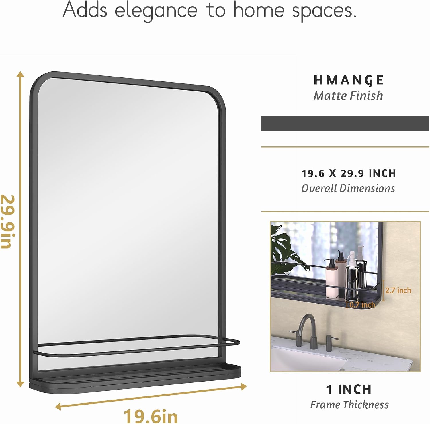 Bathroom Mirror with Shelf for Shaving,19.7x29.9 Inch Wall-Mounted Rectangle Metal Mirror with Storage, Matte Black Vanity Mirror with Rounded Corners for Over Sink, Decor(Black/19.7x29.9 in)