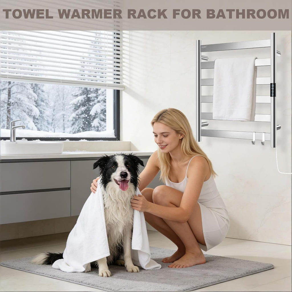 R FLORY Heated Towel Rack for Bathroom, 6 Bar Wall Mounted Towel Warmer Rack Flat with Timer & Temperature, Electric Towel Heater with LED Display Screen, Plug-in,Brushed Nickel