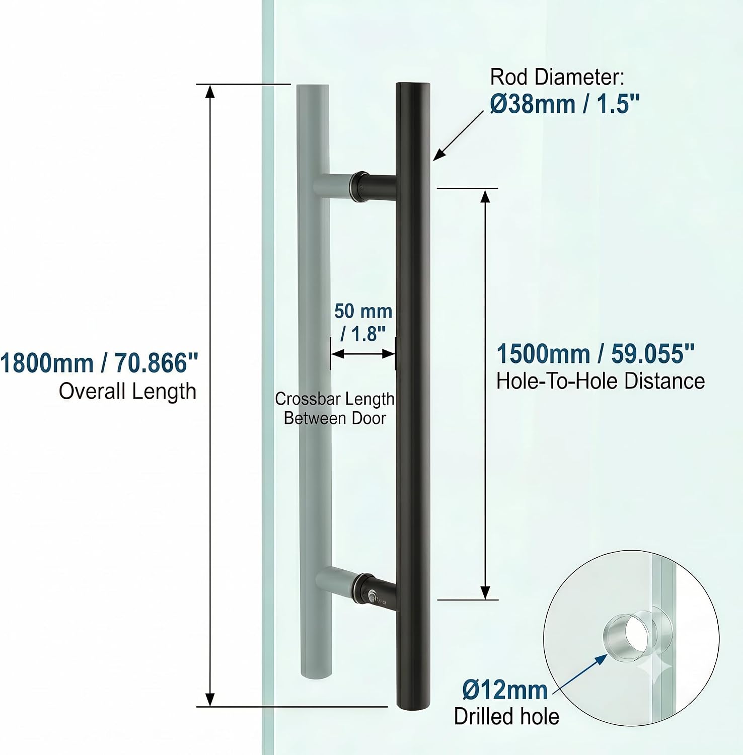 TOGU TG-6012 71-Inch Double-Sided Push Pull Door Handle, Matte Black SUS304 Stainless Steel Ladder Pull, Heavy-Duty for Commercial Glass, Residential Wood Barn & Metal Doors (1800 * 38mm)