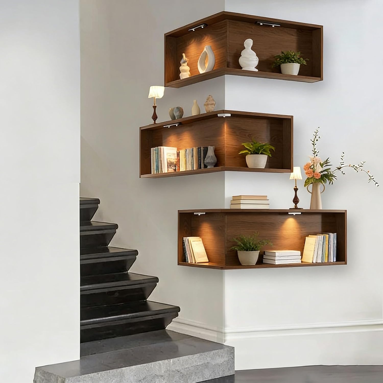Floating Corner Shelves, Modern Corner Shelf Wall Mounted for Bedroom & Living Room, Easy Install Display Shelf for Books & Decor(3 Pack,L-Shape 30 x 60 x 20 cm)