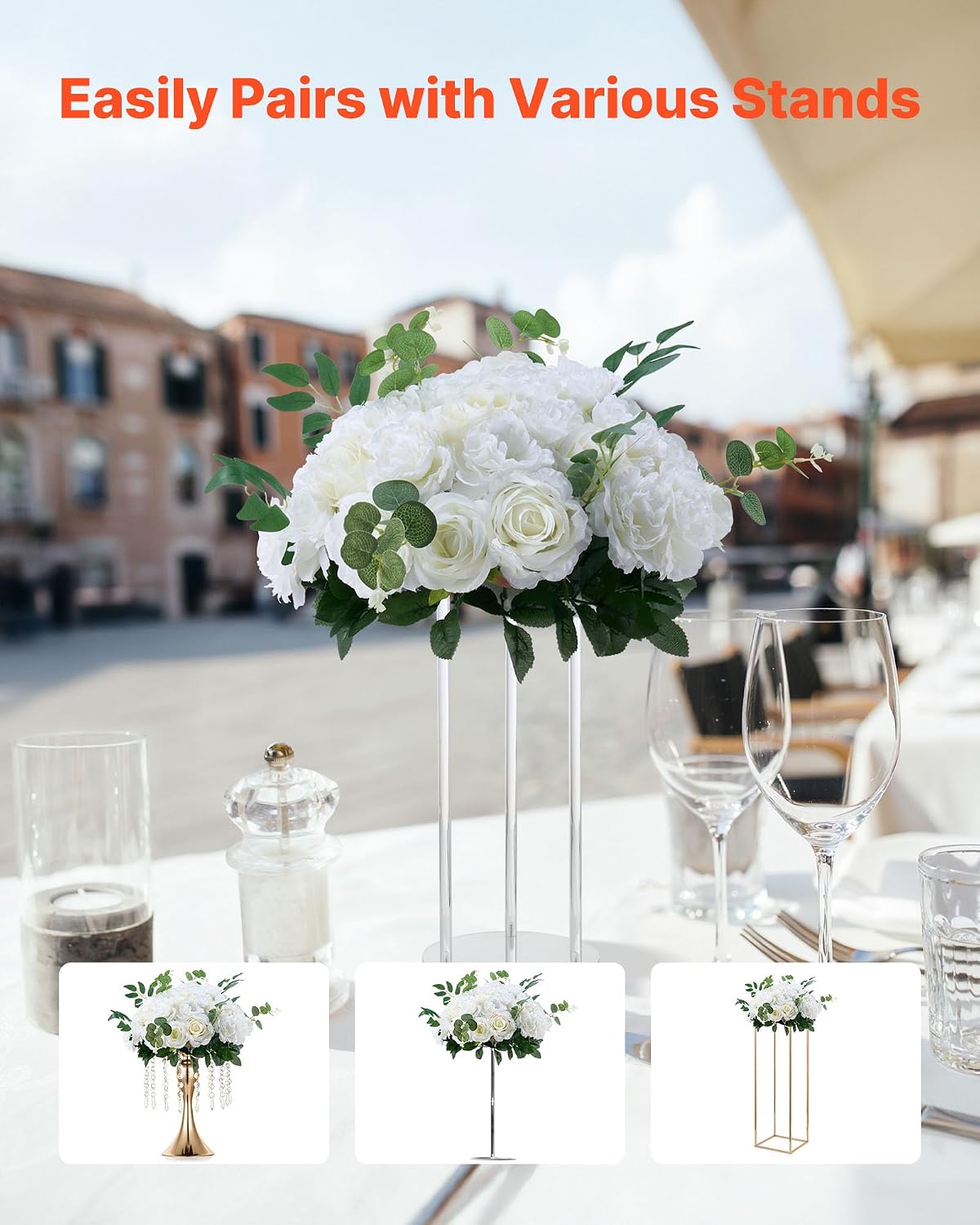 VEVOR Flower Balls Arrangement Bouquet 10 PCS, 17.7-Inch Max Diameter Artificial Flower Balls Wedding White Roses Centerpieces, Faux Flowers Arrangements for Wedding Centerpiece Home Table Decorations