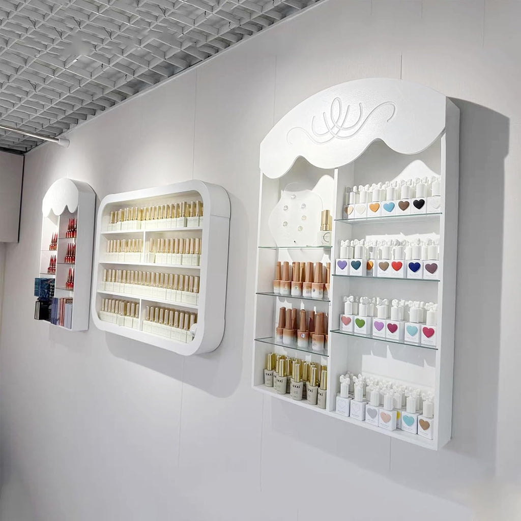 Hanging Wall Nail Polish Organizer, Floating Shelves for Salon Beauty and Manicure Shop, Wooden Nail Polish Display Rack Perfume Rack, White,C