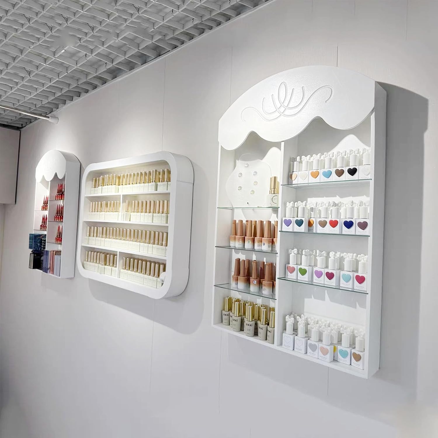 Hanging Wall Nail Polish Organizer, Floating Shelves for Salon Beauty and Manicure Shop, Wooden Nail Polish Display Rack Perfume Rack, White,C