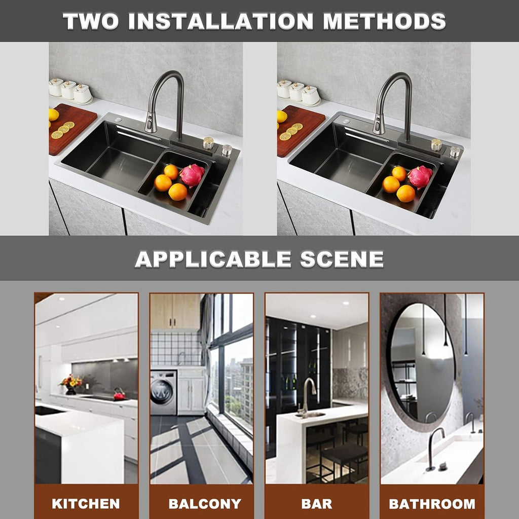 Single Bowl Bar Sink 304 Stainless Steel Kitchen Sink with Faucet and Drain Assembly Drop in Or Under Mount for Kitchen Courtyard Office Bar Laundry Trough (Color : Grey, Size : 75x45x22cm) (