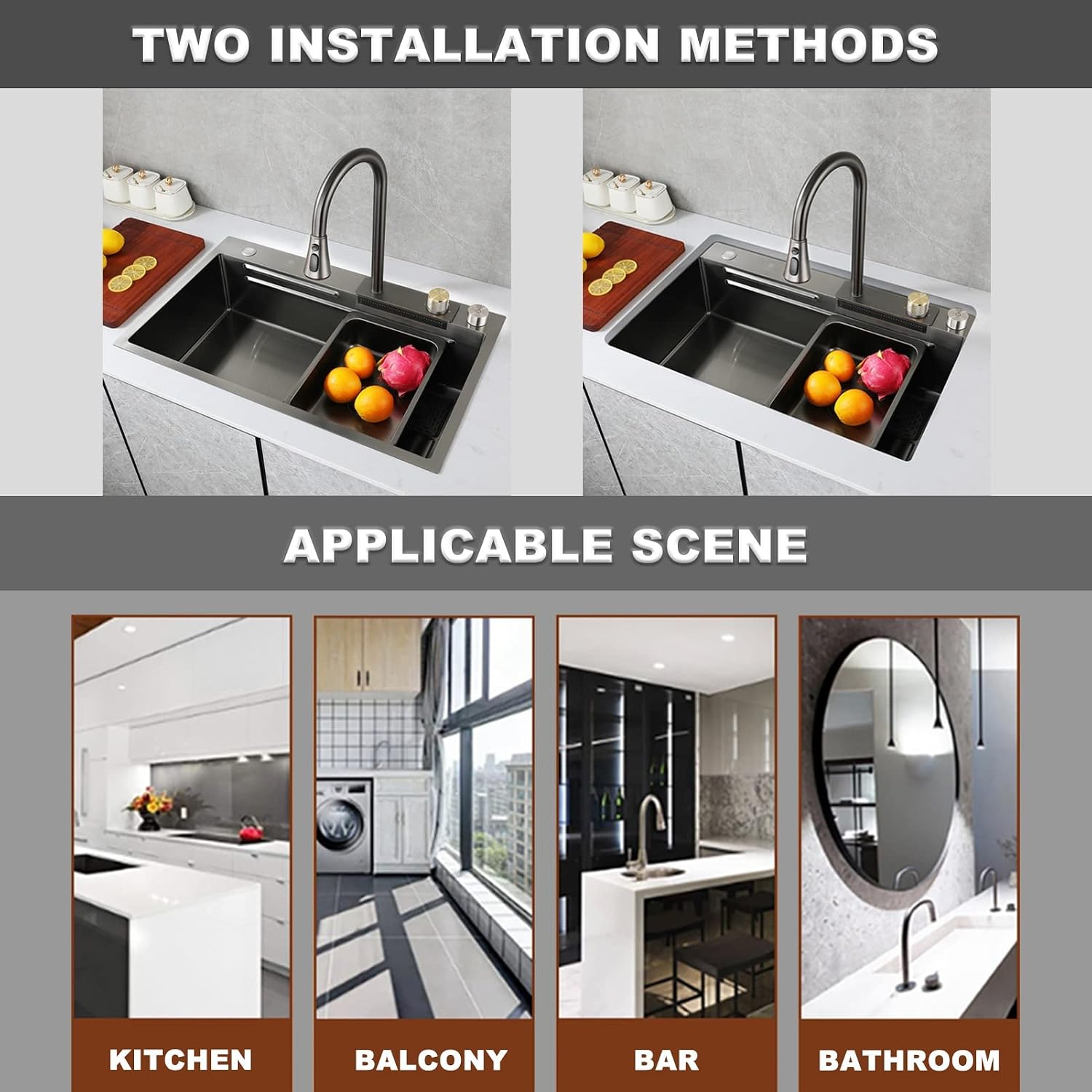 Single Bowl Bar Sink 304 Stainless Steel Kitchen Sink with Faucet and Drain Assembly Drop in Or Under Mount for Kitchen Courtyard Office Bar Laundry Trough (Color : Grey, Size : 75x45x22cm) (