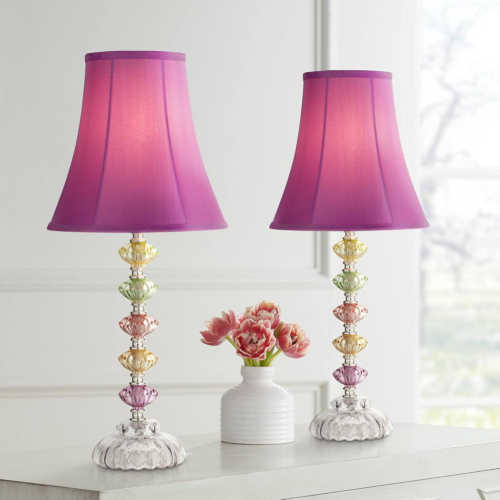 360 Lighting Bohemian Traditional Chic Style Accent Table Lamps 21' High Set of 2 Multi Colored Stacked Glass Deep Pink Bell Shade Decor for Kids Girls Room Bedroom Bedside House Nightstand
