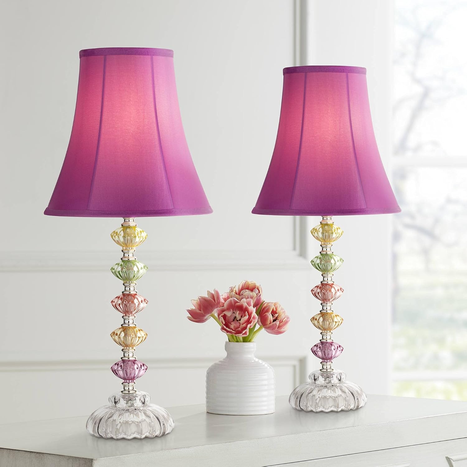360 Lighting Bohemian Traditional Chic Style Accent Table Lamps 21' High Set of 2 Multi Colored Stacked Glass Deep Pink Bell Shade Decor for Kids Girls Room Bedroom Bedside House Nightstand