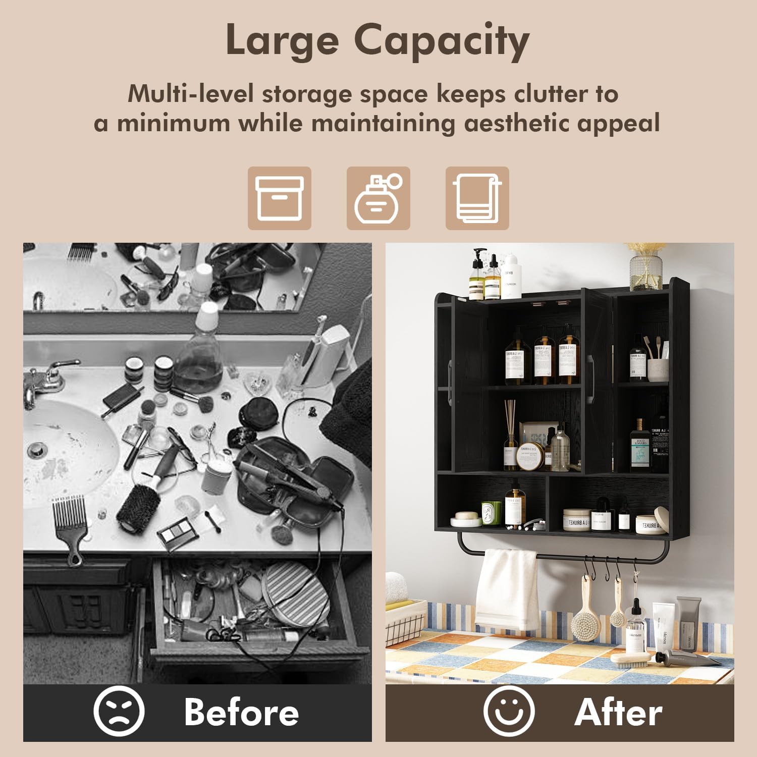RUSTOWN Rustic Wood Wall Bathroom Cabinet, Farmhouse Medicine Cabinet Wall Mounted, Space Saving Wall Storage Cabinet with 2 Barn Door, 3-Tier Adjustable Shelves and Towel Bar (Black)