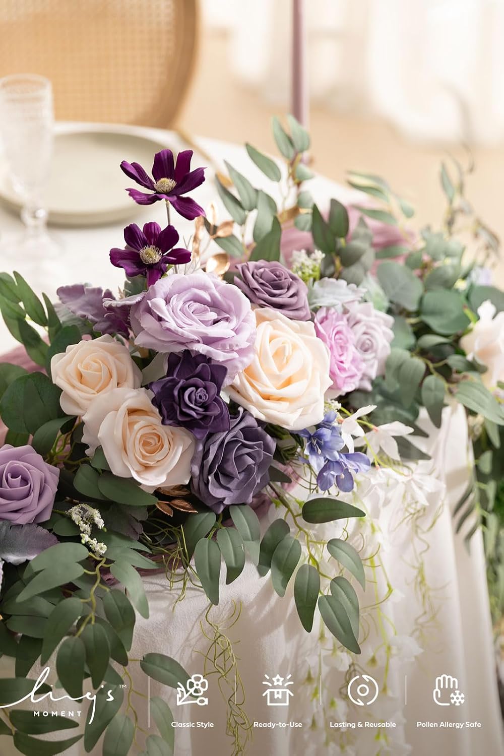 Ling's moment 9FT Flower Garland for Backdrop Decorations - Wedding Arch Flowers, Eucalyptus & Rose, Artificial Floral Garland for Mantel - Sweetheart Table Decor for Ceremony Reception, Lilac & Gold