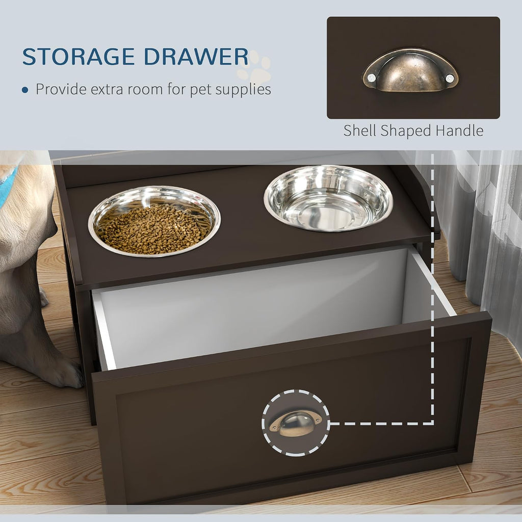 Dog Feeding Station with Storage Drawer, Dog Food Storage Cabinet with 2 Removable Elevated Dog Bowls for Large Sized Dogs, Coffee