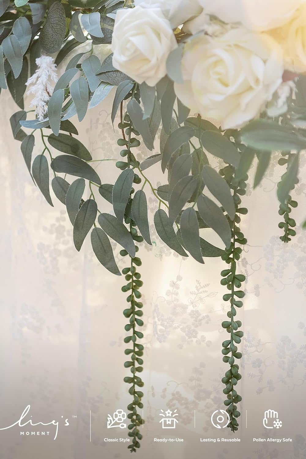 Ling's moment 9FT Spring Flower Garland for Backdrop Decorations - Wedding Arch Flowers, Eucalyptus & Rose, Artificial Floral Garland for Mantel - Sweetheart Table Decor for Reception, White & Sage