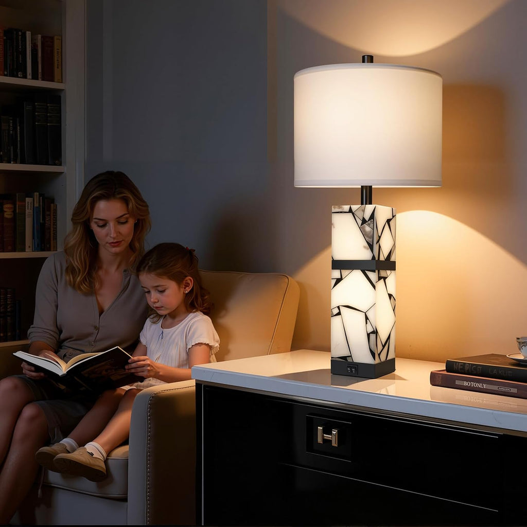 Scenekoy 27' Alabaster Table Lamps Set of 2 with Night Light for Living Room Bedroom, Nightstand Lamps with Linen Shade, Modern Bedroom Lamps with USB A+C Ports for Living Room Office (Bulb Included)