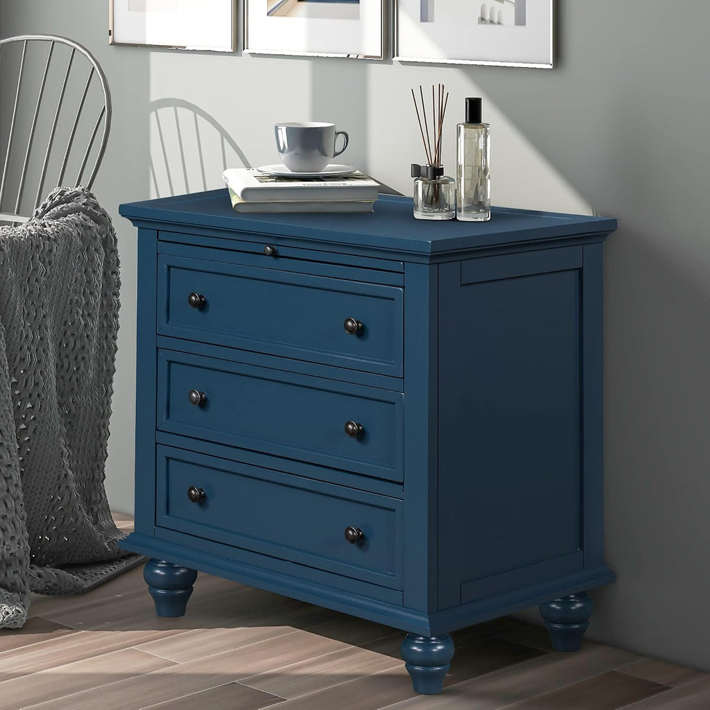 Modern Storage Wood Cabinet with 3-Drawer, Sofa Table Console Table End Table with Pull Out Tray, Accent Table Furniture for Entryway Living Room Bedroom, Fully Assembly Bedside Table (Blue)