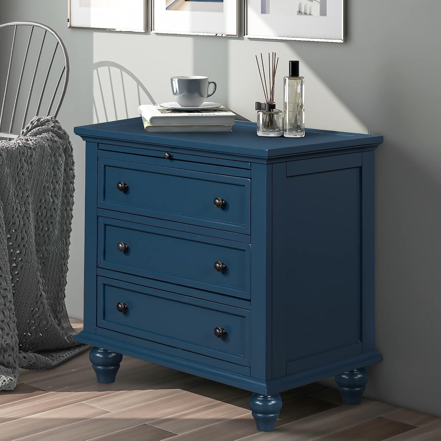 Modern Storage Wood Cabinet with 3-Drawer, Sofa Table Console Table End Table with Pull Out Tray, Accent Table Furniture for Entryway Living Room Bedroom, Fully Assembly Bedside Table (Blue)