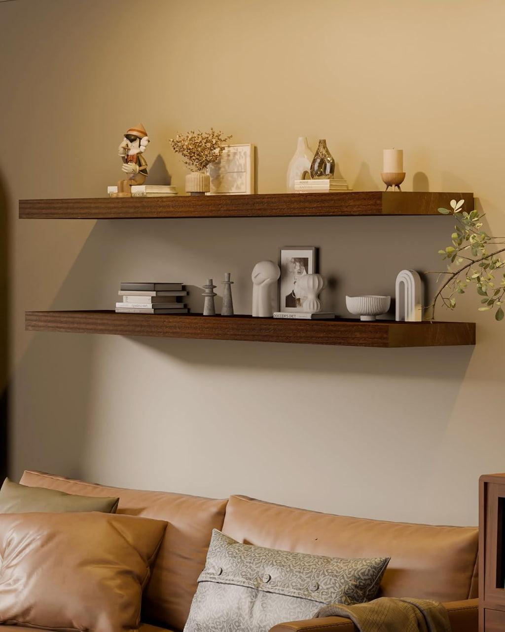 60 Inch Extra Long Floating Shelves, Set of 2 Deep Floating Shelves 12in Depth, Floating Shelves Long Heavy Duty Wood Shelves for Wall, Solid Wood Walnut Finish