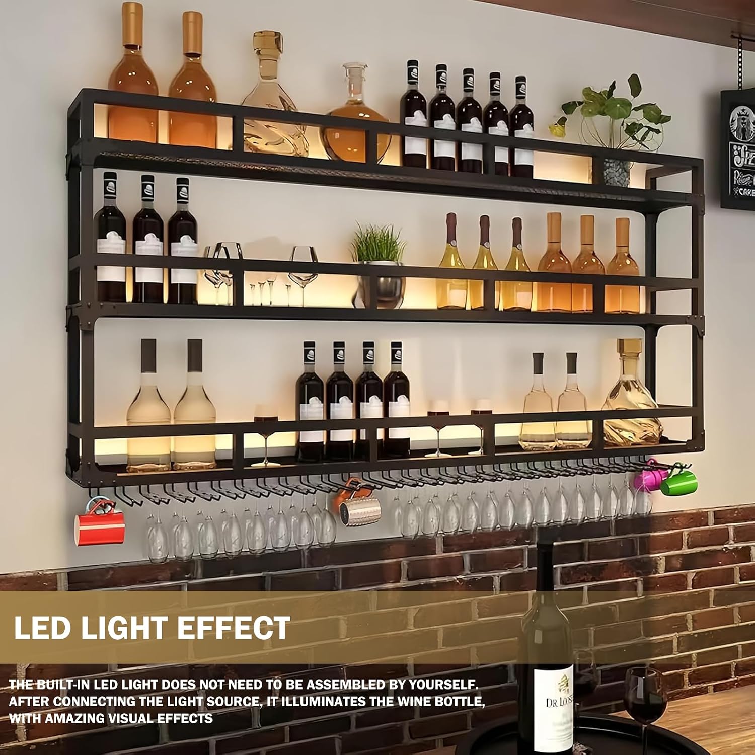 Wall Mounted Wine Rack with LED Light, Metal Bar Bottle Display Shelf Wine Cups Hanging Holder, Floating Industrial Liquor Glass Holder, for Home Bar Cafe Dining Room (Black 59')