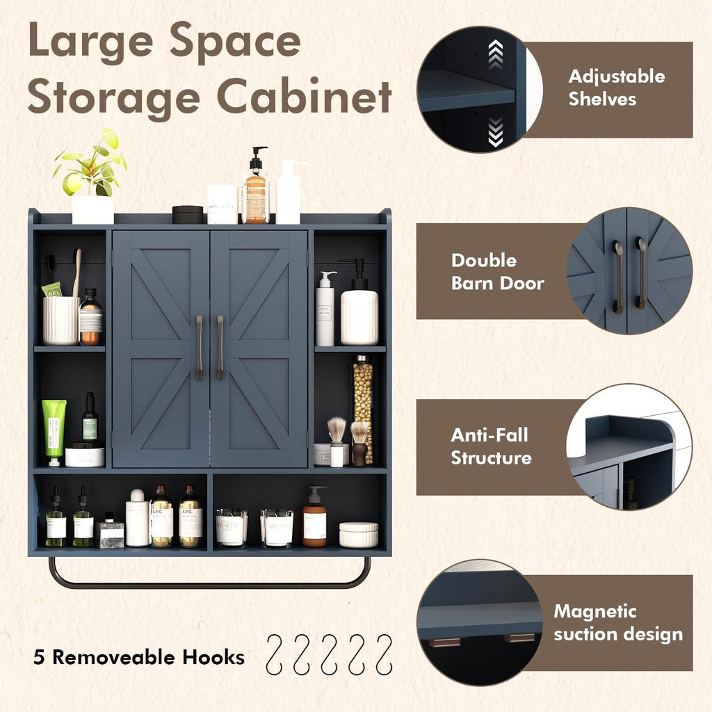 RUSTOWN Rustic Wood Wall Bathroom Cabinet, Farmhouse Medicine Cabinet Wall Mounted, Space Saving Wall Storage Cabinet with 2 Barn Door, 3-Tier Adjustable Shelves and Towel Bar(Navy Blue)