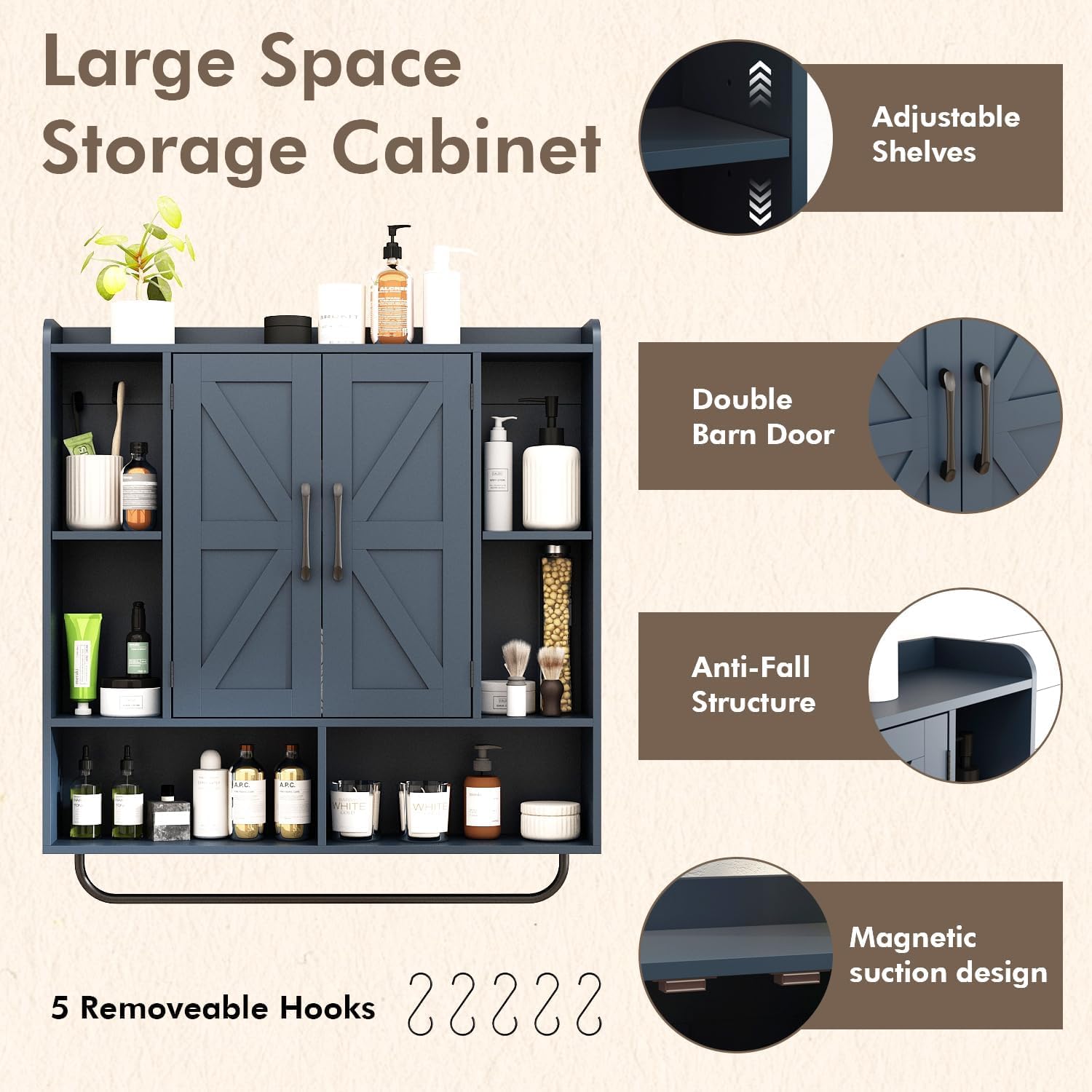 RUSTOWN Rustic Wood Wall Bathroom Cabinet, Farmhouse Medicine Cabinet Wall Mounted, Space Saving Wall Storage Cabinet with 2 Barn Door, 3-Tier Adjustable Shelves and Towel Bar(Navy Blue)