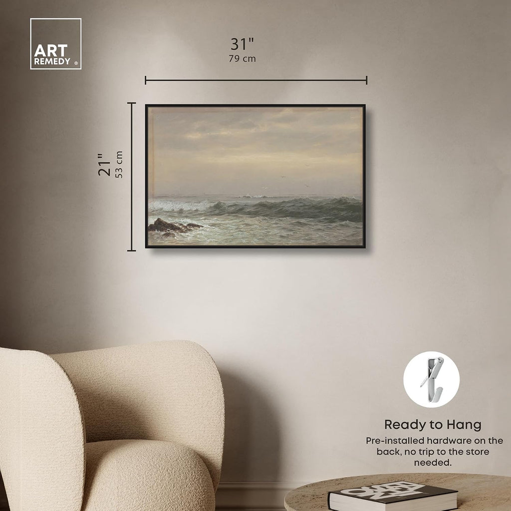 Art Remedy Rocks and Breaking Waves Canvas Coastal Classic Art, Black Frame, 30' x 20'
