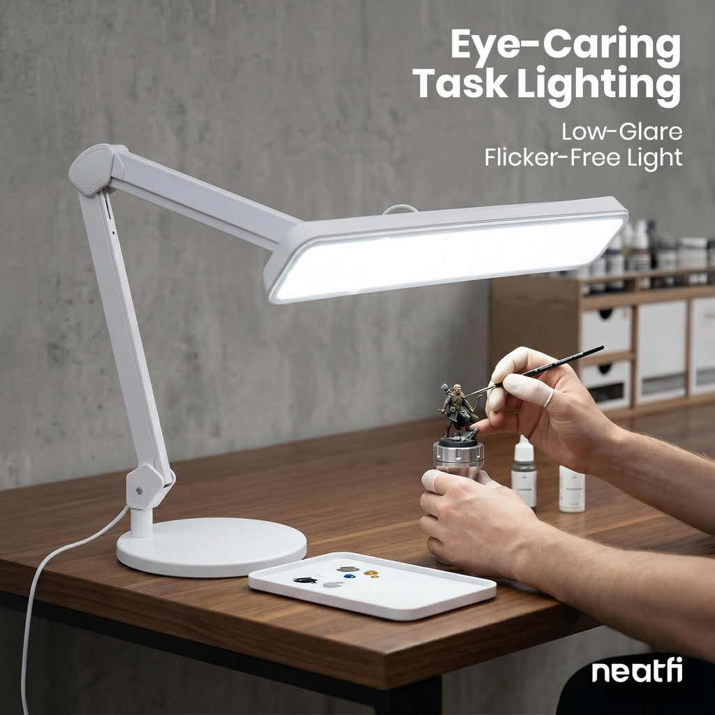 Neatfi XL 2,500 Lumens 30W LED Task Lamp for Manicure Table, Crafts, Workbench, Office - 22' Wide Shade Desk Light | Eye-Caring 6500K | 4-Level Brightnes (White, Non-CCT with Base)