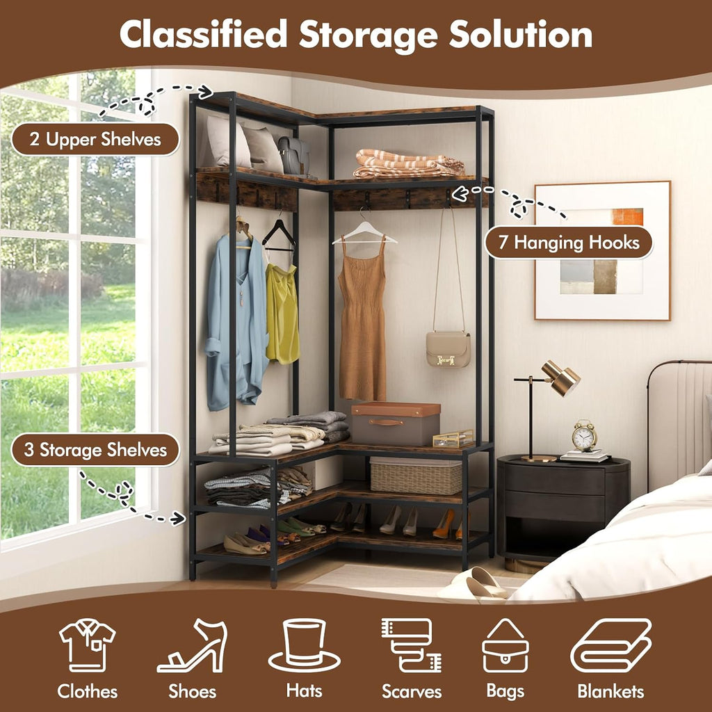 Tangkula Corner Hall Tree, 70 Inch Coat Rack with Bench and Shoe Storage, Entryway Furniture with 7 Hooks, Heavy Duty Metal Frame, Space Saving Clothes Rack Shoes Shelf Organizer (Rustic Brown)