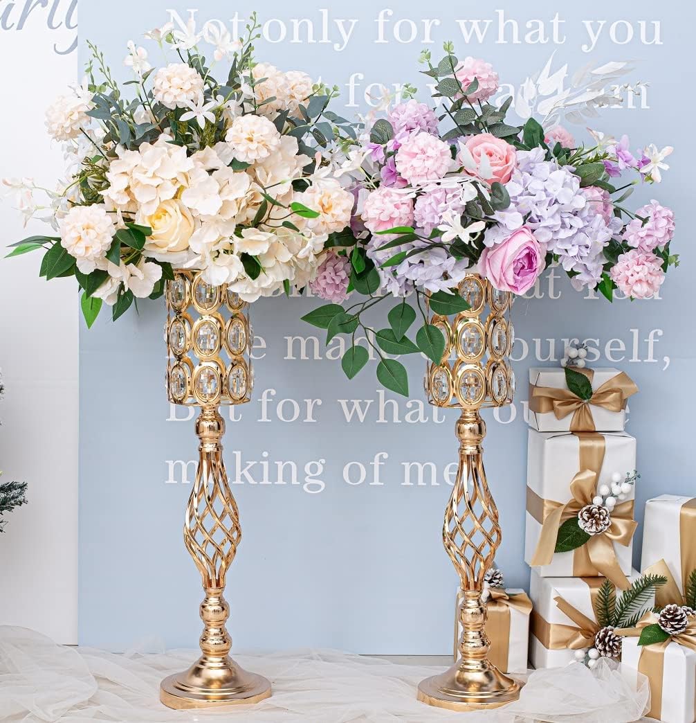 Crystal Wedding Centerpiece Vases for Tables - Set of 10 Metal Gold Vases, 24in Tall Versatile Flower Holders, Elegant Flower Stands for Centerpieces Wedding Party Reception Christmas Home Decor
