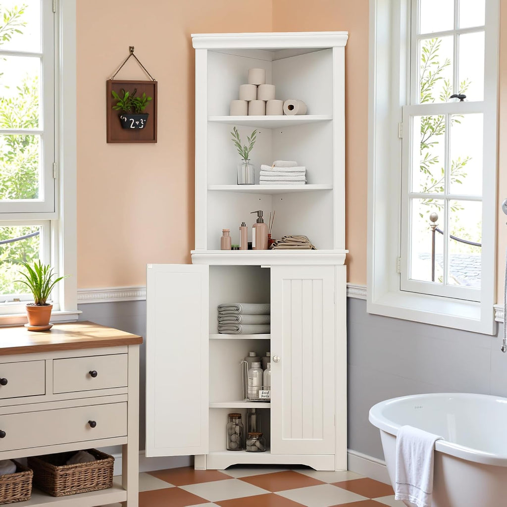 Furmax 62' Corner Cabinet, Bathroom Storage Cabinet with 6 Adjustable Shelves & 2 Doors, Freestanding Corner Shelf for Living Room, Bathroom, Kitchen (White)