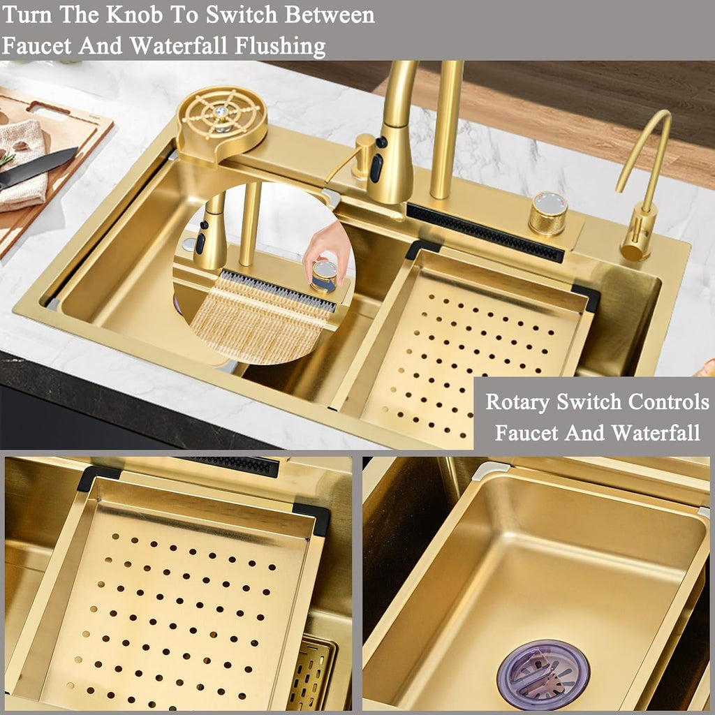 Waterfall Kitchen Sink Top-Mount Stainless Steel Kitchen Bar Sink Nano Single Bowl Sink Multi-Function Workstation Sink with Pull-Out Faucet, 2 Drain Basket(