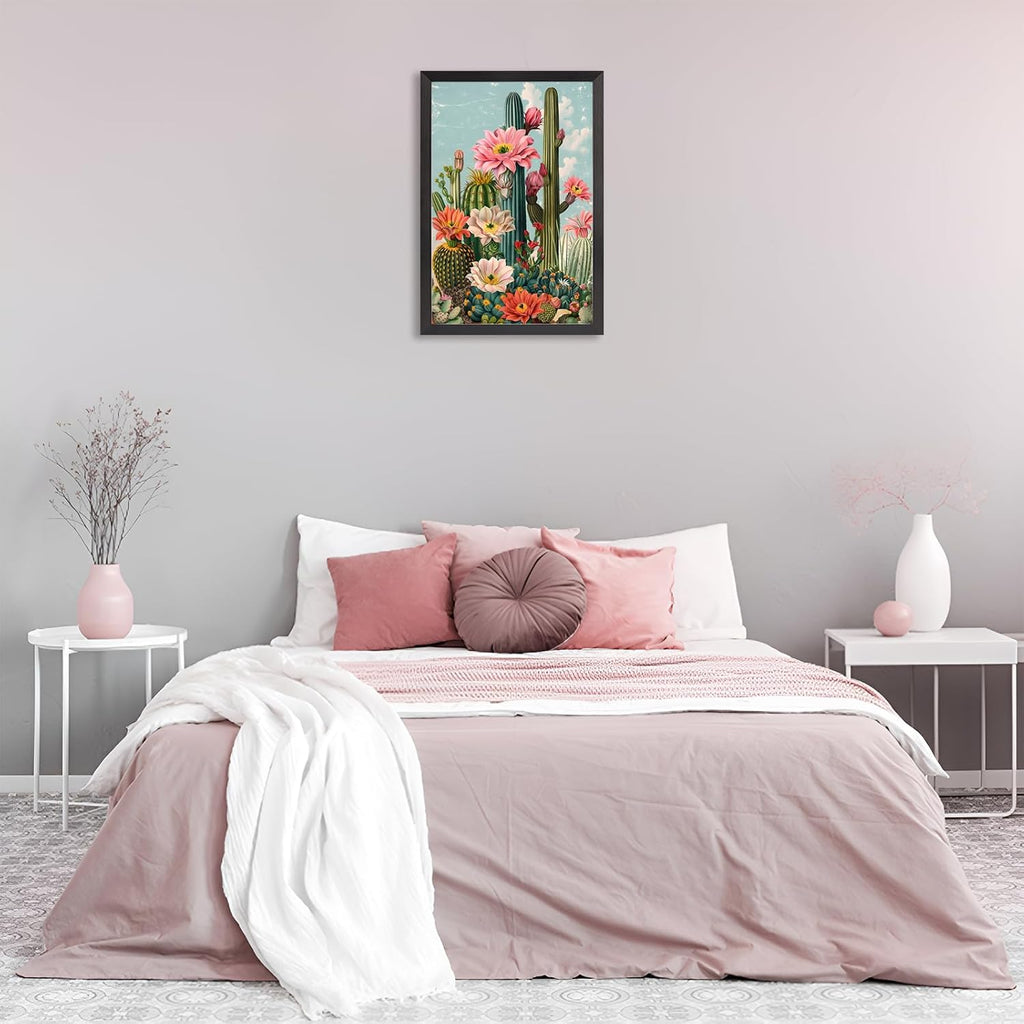 Black Framed Flat Boho Cactus Garden Poster Retro Tropical Succulent Canvas Wall Art Vibrant Flowers Sky Background Prints Painting For Home Bedroom Dorm Wall Decor 24x36in Black Framed Flat