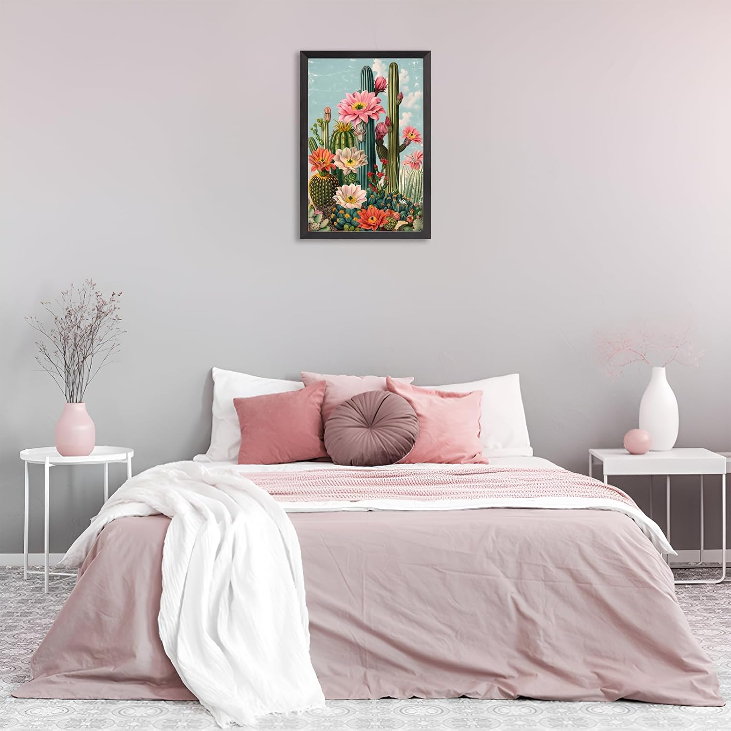Black Framed Flat Boho Cactus Garden Poster Retro Tropical Succulent Canvas Wall Art Vibrant Flowers Sky Background Prints Painting For Home Bedroom Dorm Wall Decor 24x36in Black Framed Flat