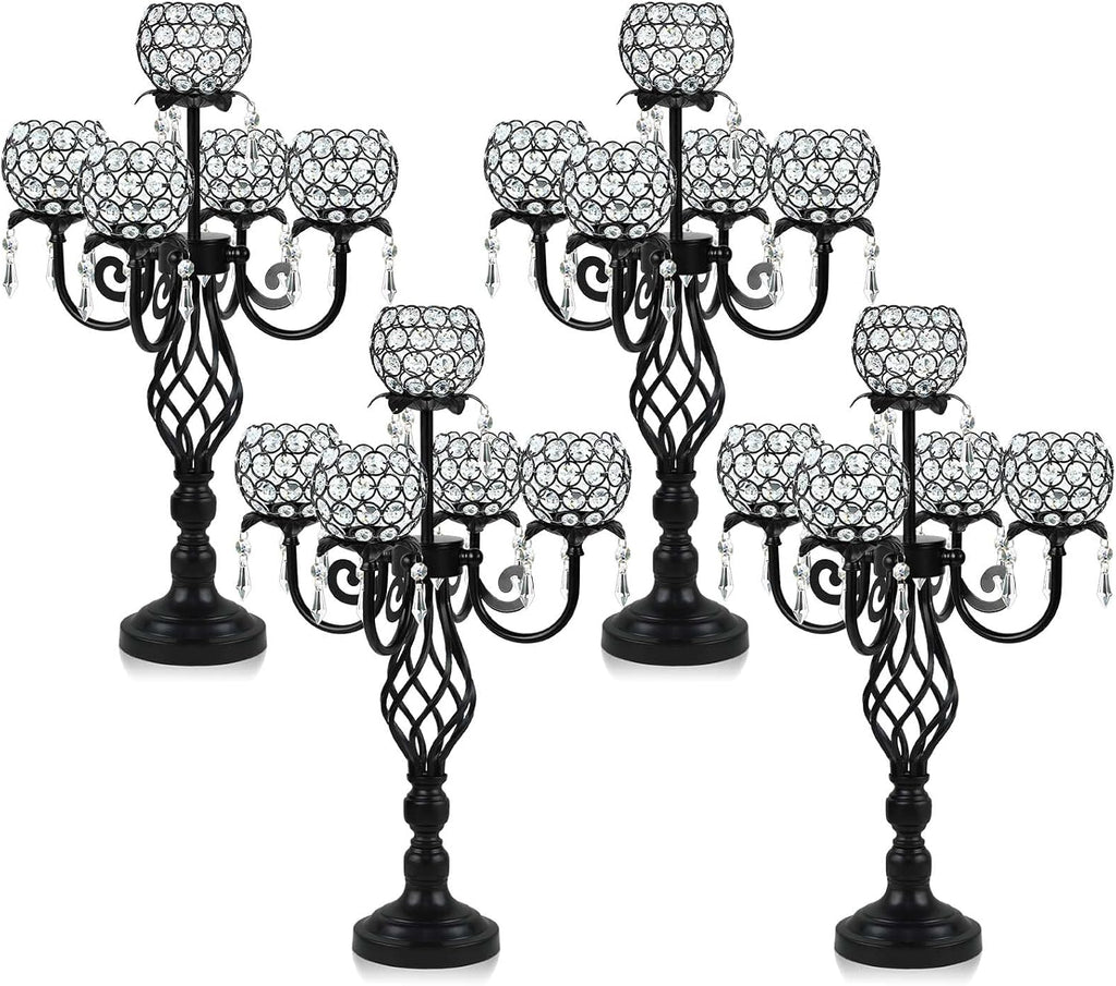 5-Arm Crystal Candelabra Centerpiece 23.2' Tall - Elegant Candle Holder Stand with Crystal Bowl, Chic Table Decor for Weddings, Parties, Anniversary & Home Decoration (4, Black)