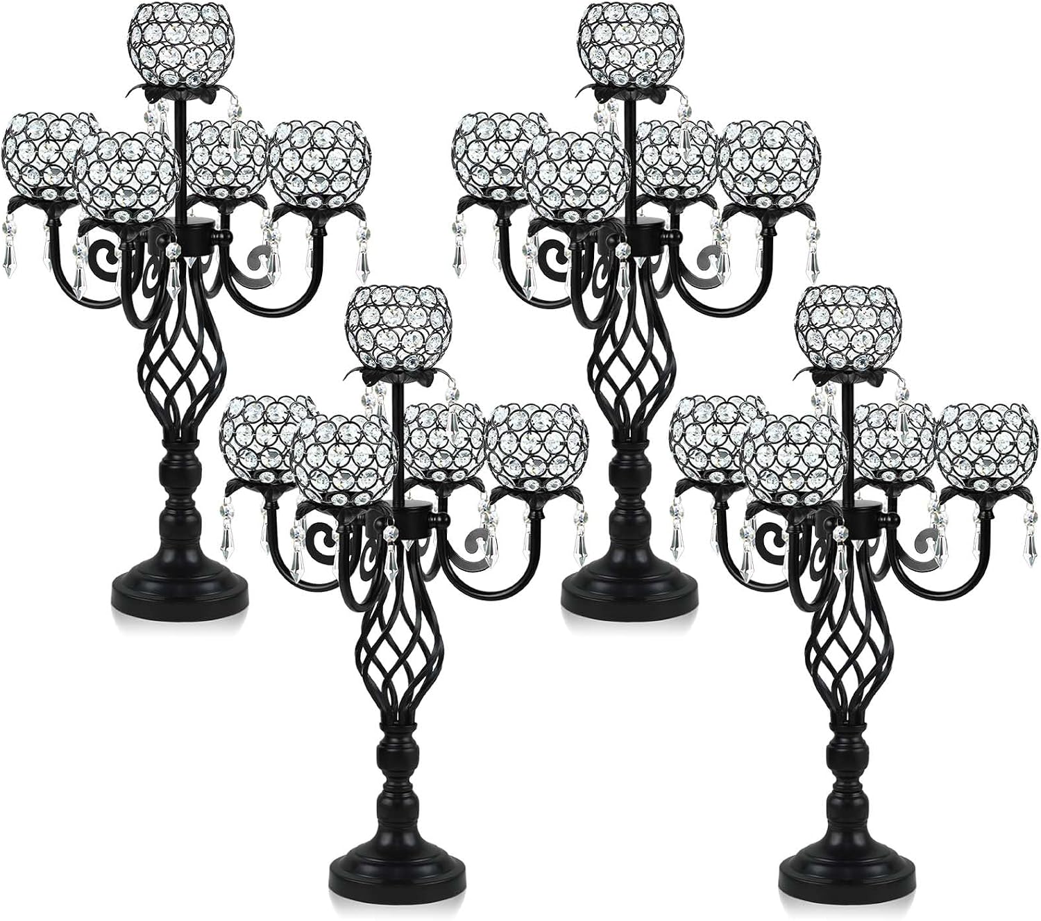 5-Arm Crystal Candelabra Centerpiece 23.2' Tall - Elegant Candle Holder Stand with Crystal Bowl, Chic Table Decor for Weddings, Parties, Anniversary & Home Decoration (4, Black)