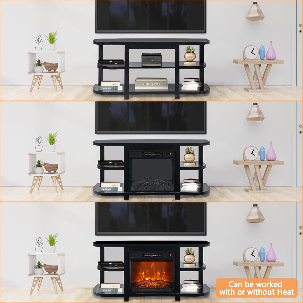 48' Fireplace TV Stand for TVs up to 55', Farmhouse Entertainment Center with 18' Electric Fireplace Insert, 1400W Wood Media Console Table with Open Storage Shelves for Living Room, Bedroom (Black)